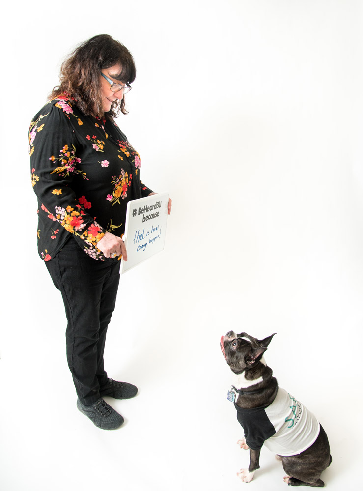 SARP at BU Campaign #BeHeardBU because, Boston ,MA Feb 1st, 2019 Maureen Mahoney, Director of the Sexual Assault Response & Prevention Center with her therapy dog Auggie.