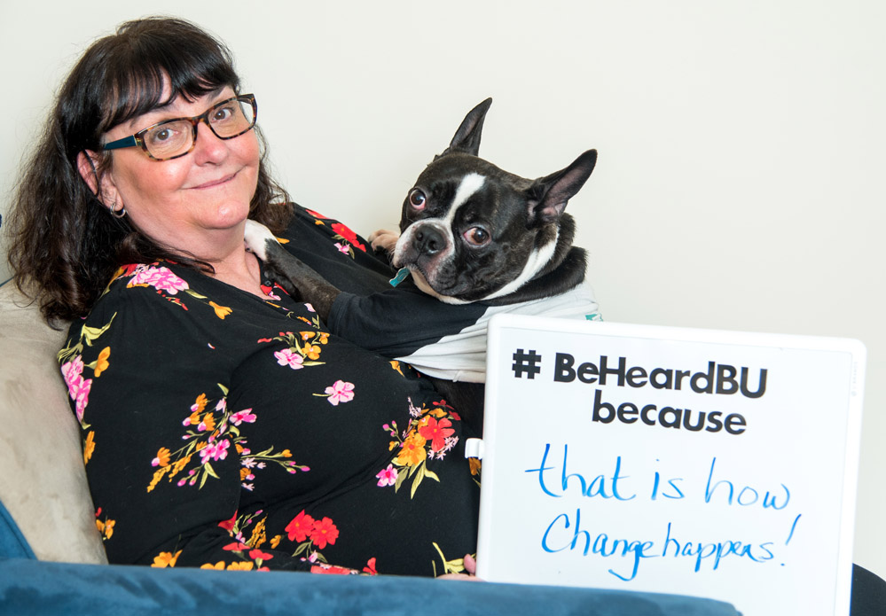 SARP at BU Campaign #BeHeardBU because, Boston ,MA Feb 1st, 2019 Maureen Mahoney, Director of the Sexual Assault Response & Prevention Center with her therapy dog Auggie.